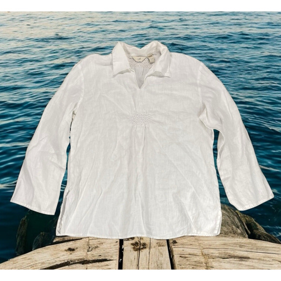 J. Jill White Linen Popover Collared Top Womens Size Medium Petite 3/4 Sleeve - Picture 1 of 15